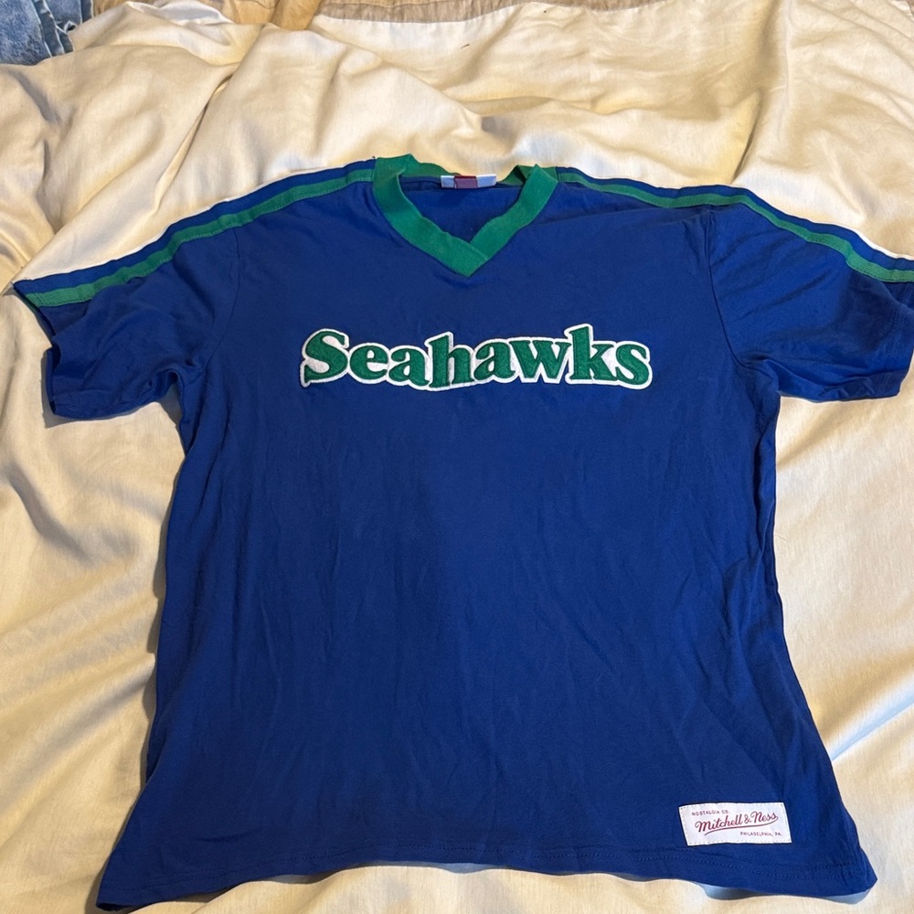 Mitchell & Ness Blue Seahawks V-Neck Tee with Green Trim